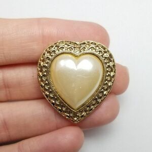 Vintage Heart Shape Brooch, Faux Pearl Gold Tone Setting, Sweetheart Lapel Pin